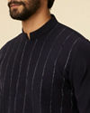 alt message - Manyavar Men Dark Blue Striped Patterned Kurta image number 1